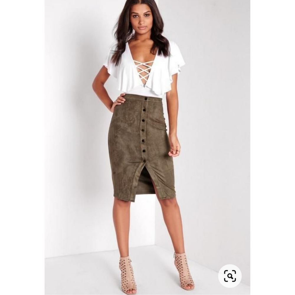 Missguided Olive Suede Button-Front Pencil Skirt - Picture 2 of 10